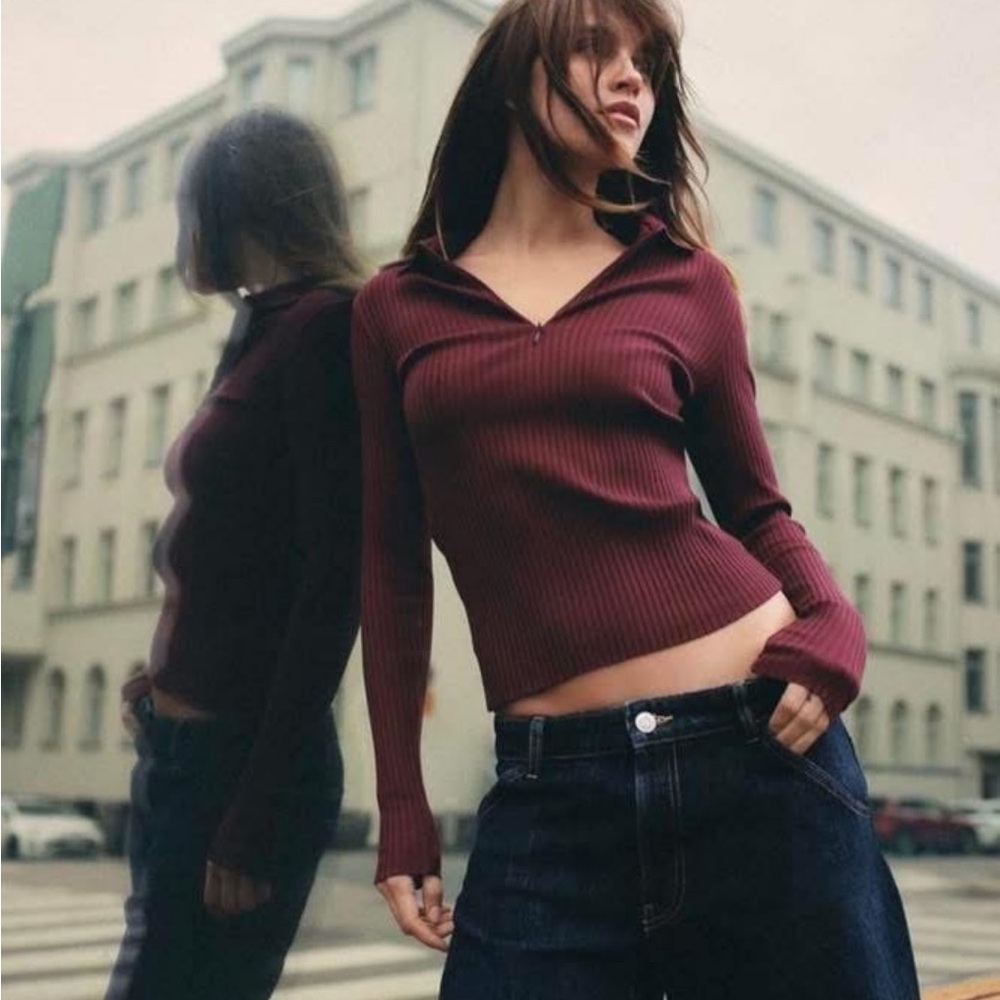 Zara Burgundy Ribbed Sweater
